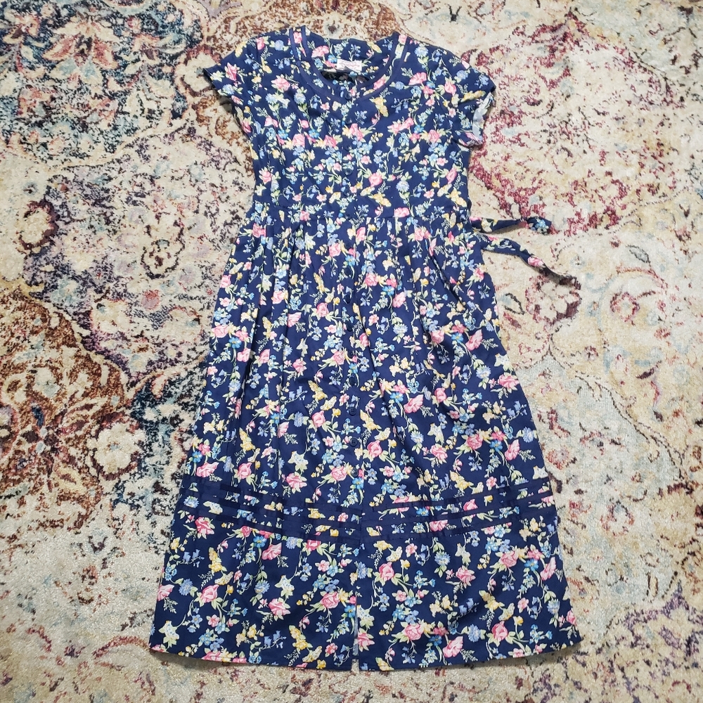 Lanz of Salzburg 100% Cotton Floral Midi Dress with Pockets Size Small